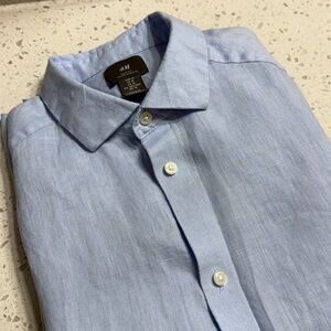 H&M Men's Sky Blue Linen Casual Button Down Shirt Slim Fit Work Summer SZ M